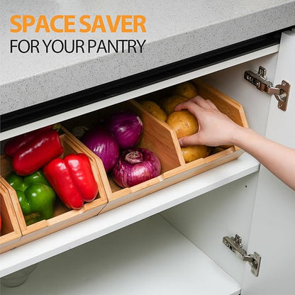 Bamboo Pantry Storage Bins, Stackable Potato and Onion Storage, Pantry Produce Organizer for Fruit and Vegetable