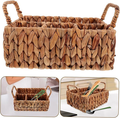 Woven Cutlery Organizer Basket Divided Hyacinth Design for Tabletop Cabinet Natural Storage for Silverware Snacks Stylish Space-saving Home Decor