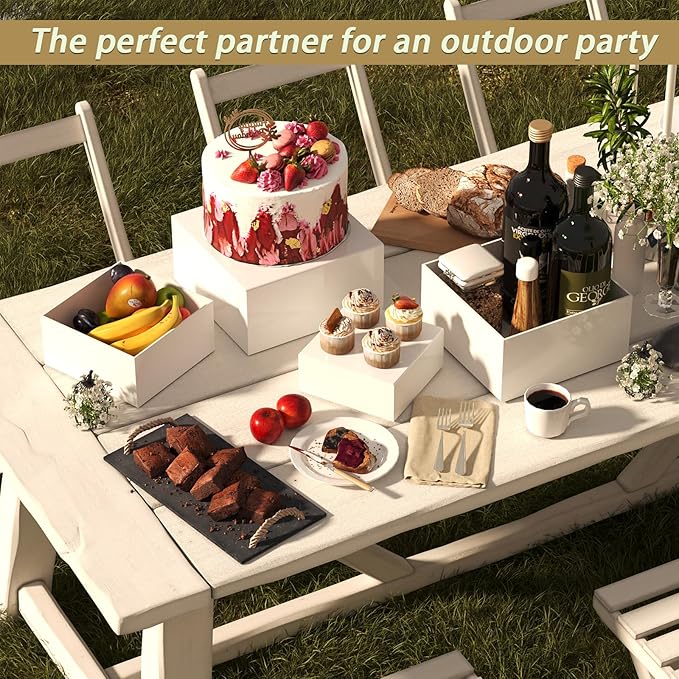 6PCS Buffet Risers, Food Risers for Buffet Table, Acrylic Boxes with Rounded Corners for Food, Display Stand for Party Catering Dessert Collectibles, Acrylic Cube Boxes, Food Stand Set, White (5"x6"x7"8"x9"x10")