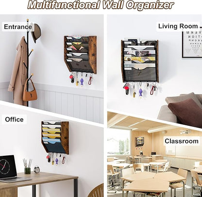 Wall File Organizer With Hooks, 5 Tier Mesh Mail Organizer Wall Mounted,Hanging File Organizer,Magazine Holder for Documents,Magazine,Literature,File,Mails,Envelopes