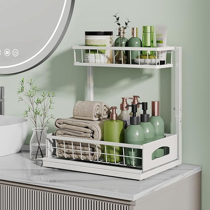 Under Sink Organizer and Storage, Height Adjustable Cabinet Organizer with Slide Out Drawer, Pull Out Under Sink Storage, Multi-Purpose 2 Tier Sink Shelves for Kitchen Bathroom Pantry (White, 1 Pack)