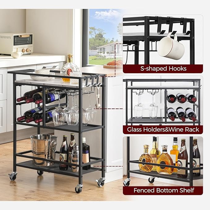 Bar Cart for Home, 3-Tier Serving Cart with Wheels and Handle, Beverage Cart with Wine Rack and Glass Holders, Rolling Wine Cart for Kitchen, Dining Room, Marble and Black RCHM6101