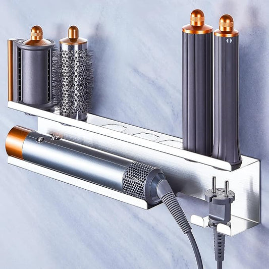 YAYINLI Hair Dryer Holder, Blow Dryer Holder Wall Mount for Curling Iron Attachment Organizers Storage, Adhesive Hair Dryer and Curling Iron Holder, Silver Straightener Holder Hair Tools Organizer