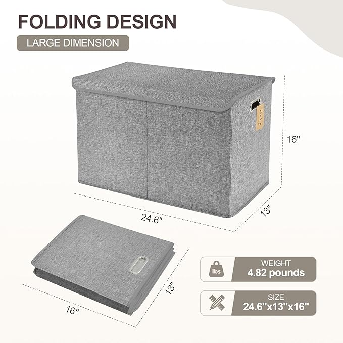 Large Toy Storage Box with Lid, Collapsible Toys Storage Organizer Bins with Dividers and Handles, Storage Chest Bin for Kids, Boys, Girls, Nursery 25"x13" x16" (Gray)