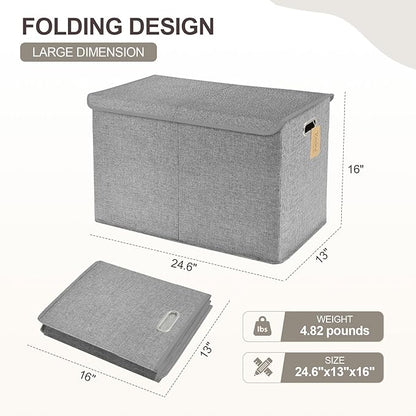 Large Toy Storage Box with Lid, Collapsible Toys Storage Organizer Bins with Dividers and Handles, Storage Chest Bin for Kids, Boys, Girls, Nursery 25"x13" x16" (Gray)