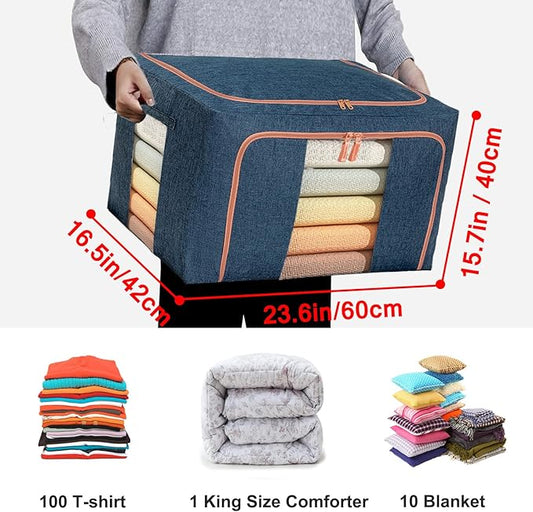 Large Capacity Clothes Storage Bags,Stackable Storage Organizer with Foldable Metal Frame, Zipper, Handles, Clear Window, Navy, 3 Pack)