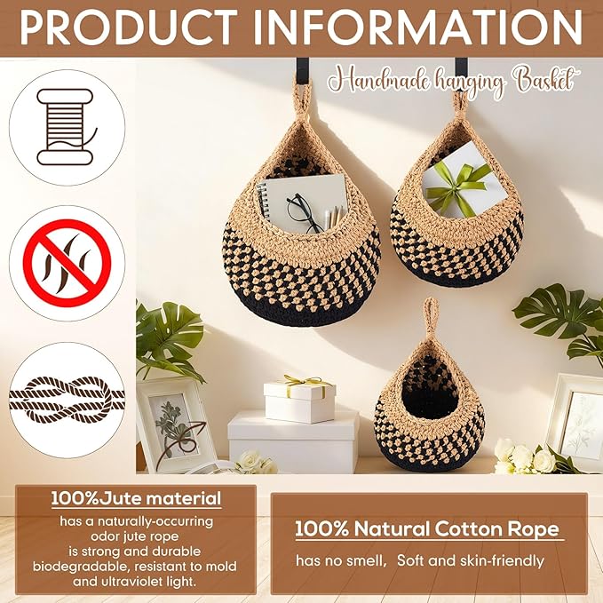Honeydak Boho Decor Hanging Wall Baskets for Kitchen 3 Pack Teardrop Baskets with Hooks Storage Fruit Onion Vegetable Potato for Home 3 Sizes (Linen with Black,Cotton Rope)