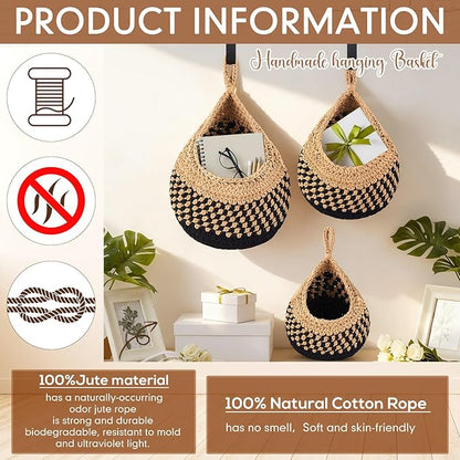 Honeydak Boho Decor Hanging Wall Baskets for Kitchen 3 Pack Teardrop Baskets with Hooks Storage Fruit Onion Vegetable Potato for Home 3 Sizes (Linen with Black,Cotton Rope)