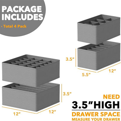 SpaceAid Underwear Drawer Organizer, 4 Pack Dresser Organizer Bins for Nursery, Closet Organization and Storage with Dividers for Baby Clothes Socks Bra Ties Scarf (Grey)