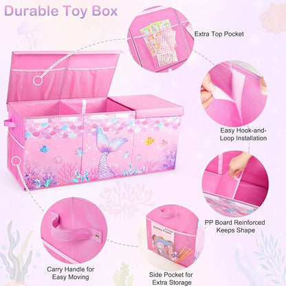 Unicorn Castle Toy Box with Adjustable Divider Toy Chest Storage Large Toy Storage Organizer Bin Collapsible with Lid Pockets for Nursery Playroom,Pink Purple Mermaid