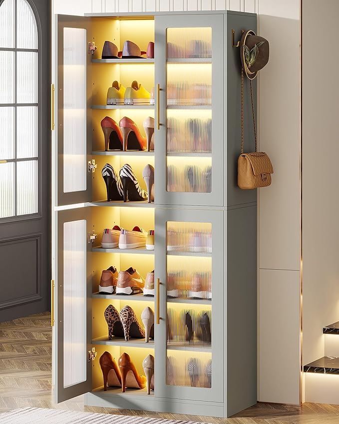 Tribesigns Tall Shoe Cabinet with Acrylic Doors and LED Lights, 8-Tier Shoe Organizer Storage Rack with Adjustable Shelves and Hanging Hooks for Narrow Closet, Hallway, Living Room, Gray (Set of 2)