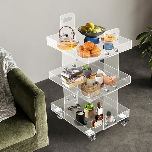 3-Tier Acrylic Utility Rolling Cart, Utility Rolling Cart Storage Cart with Wheels for Home Bar, Kitchen, Living Room, 16.4" L x 13.4'' W x 27.6'' H