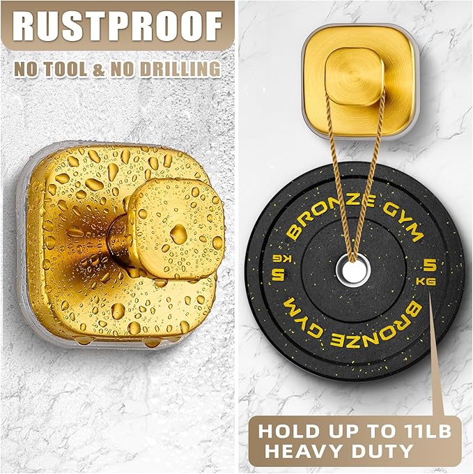 Fenas Suction Cup Hooks for Shower - Resuable Bathroom Hooks for Towels, Robes & Loofah - No-Drill Mounting on Kitchen,Walls,Metal,Glass,Mirrors,Tile & Smooth Non-Porous Surfaces (2, Brushed Gold)