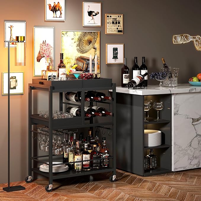 TUTOTAK Bar Cart, Home Bar Serving Cart, 3-Tier Kitchen Cart on Wheels, Rolling Beverage Cart with Wine Rack and Glass Holder, Black BC01BK037