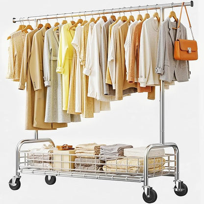 Raybee Heavy Duty Clothes Rack 485 LBS, Rolling Clothing Rack with Storage Basket and Sturdy Wheels, Clothing Racks for Hanging Clothes, Wardrobe Closet Rack for Bedroom, Boutiques, Laundry, Silver