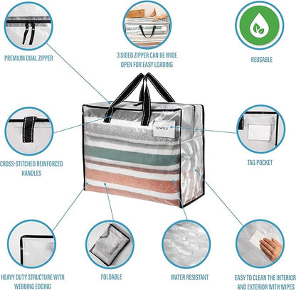 VENO 4 Pack Moving Bags, Christmas Storage Containers, Storage Totes, Zipper On Top, Sturdy, Storage Bags for Camping, Clothes, Bedding, Comforters, Pillows (13 Gallon Clear, 4 Pack)