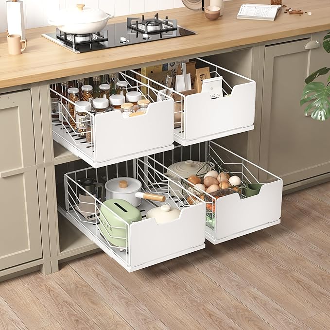 NETEL 2 Pack Pull Out Cabinet Organizer, No Drill Slide Out Drawers for Kitchen Cabinets, Peel and Stick Pull Out Drawers, Kitchen Cabinet Organizer,White,11.8" W X 20.86" D X 6.9" H