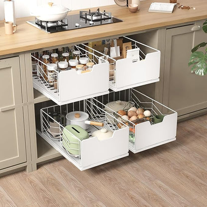 NETEL 2 Pack Pull Out Cabinet Organizer, No Drill Slide Out Drawers for Kitchen Cabinets, Peel and Stick Pull Out Drawers, Kitchen Cabinet Organizer,White,11.8" W X 20.86" D X 6.9" H