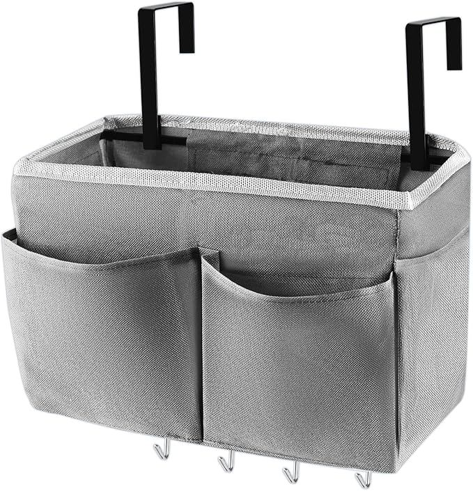 Frjjthchy Bedside Storage Organizer 5 Pockets with 4 Hooks Hanging Storage Bag for Headboards/Bunk Bed (Grey)
