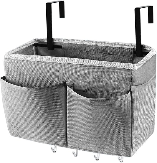 Retyion Bedside Storage Bag with 4 Hooks Multi-Function Hanging Organizer Caddy for Headboards Bunk Bed Hospital Bed (Grey)