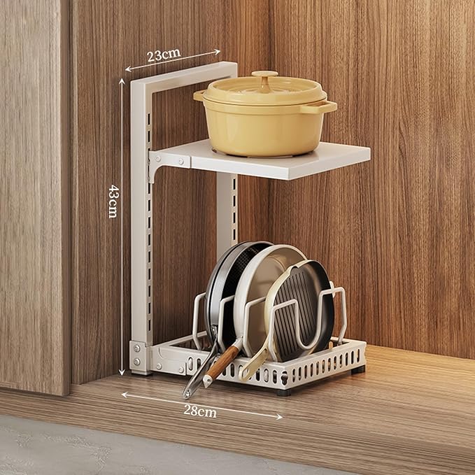 Dxcaicc Adjustable Pot Organizer Rack for Under Cabinet, Heavy Duty Storage Holder for Pots, Pans, and Lids, Space-Saving Kitchen Shelf Organizer,White,Second Layer