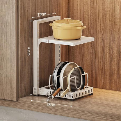 Dxcaicc Adjustable Pot Organizer Rack for Under Cabinet, Heavy Duty Storage Holder for Pots, Pans, and Lids, Space-Saving Kitchen Shelf Organizer,White,Second Layer
