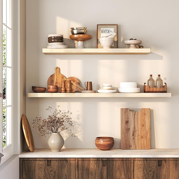 Fun Memories 48 Inch Floating Shelves for Wall, Deep Rustic Solid Wood Floating Shelf - Farmhouse Wall Mounted Display Shelf with Heavy-Duty Metal Bracket, 48" W x 8" D, Set of 1, Unfinished for DIY