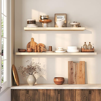 Fun Memories 48 Inch Floating Shelves for Wall, Deep Rustic Solid Wood Floating Shelf - Farmhouse Wall Mounted Display Shelf with Heavy-Duty Metal Bracket, 48" W x 8" D, Set of 1, Unfinished for DIY