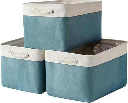TheWarmHome Organization and Storage basket for Organizing - 3 Pack 16x12x12 inch Cube Storage Bin for Shelves, Fabric Storage Cubes for Organizer Cloth Closet Toy Box (White & Green)
