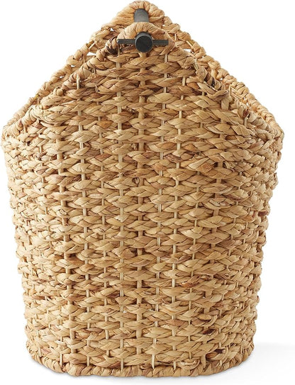 Casafield Toilet Paper Storage Basket with Wood Roll Holder Bar - Natural, Braided Water Hyacinth Wicker Bathroom Tissue Storage Organizer