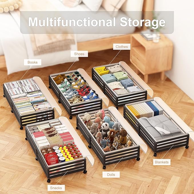 Wisuce Home Under Bed Storage Containers With Wheels - 2 Pcs Large Bamboo Wood Rolling Underbed Shoe Storage Bins With Dust Bags for Clothes Blankets, Duvet Covers Snacks Toys (Black)