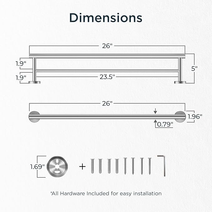 FORIOUS Double Towel Bar, 24 Inch Double Towel Racks for Bathroom, Heavy Duty SUS304 Stainless Steel Towel Bar Brushed Nickel, Includes Wall Mounting Hardware, Brushed Nickel