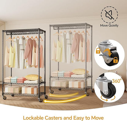 H4 Plus Rolling Clothes Rack with Cover, Heavy Duty Garment Rack, Wardrobe Closet with Wheels, Portable Closets for Hanging Clothes, Closet Organizer Storage, Black Rack with Grey Cover