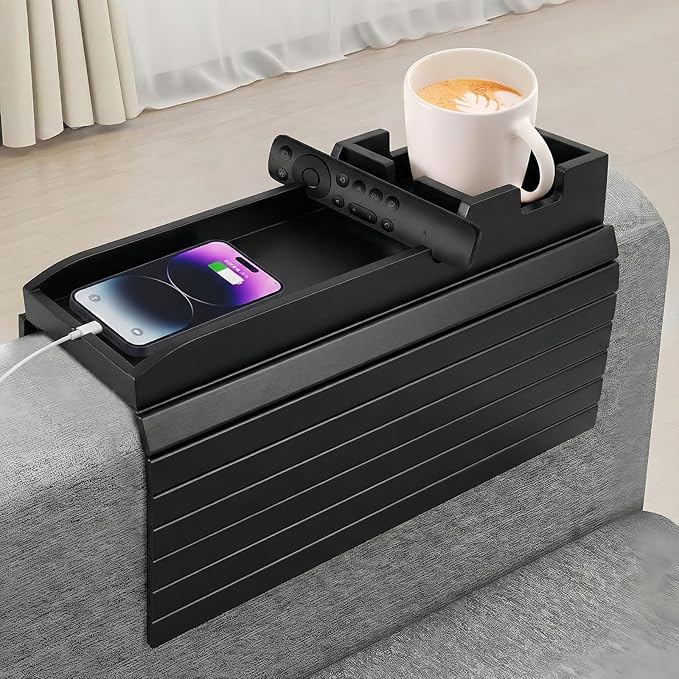 Foldable Bamboo Couch Arm Tray with Cup Holder - Anti-Slip Sofa Armrest Organizer for Drinks, Snacks, Remotes, Phones & More - Eco-Friendly Home Decor Gift (Black)