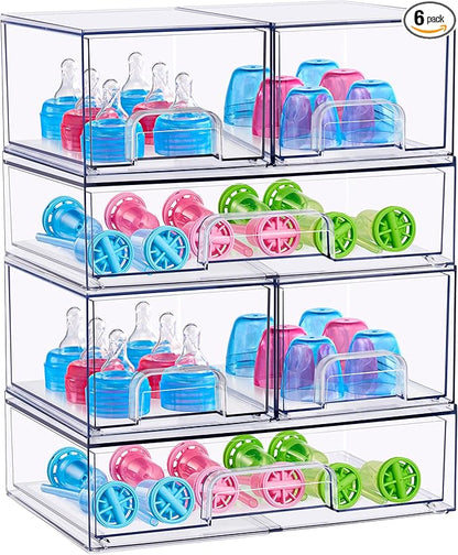 Sorbus Stackable Acrylic Storage Drawers – 4 Small + 2 Wide – 6 Pack Clear Plastic Organizer Bins for Baby Bottles, Makeup, Bathroom & Vanity, Pull-Out Drawer Design for Kitchen Cabinets