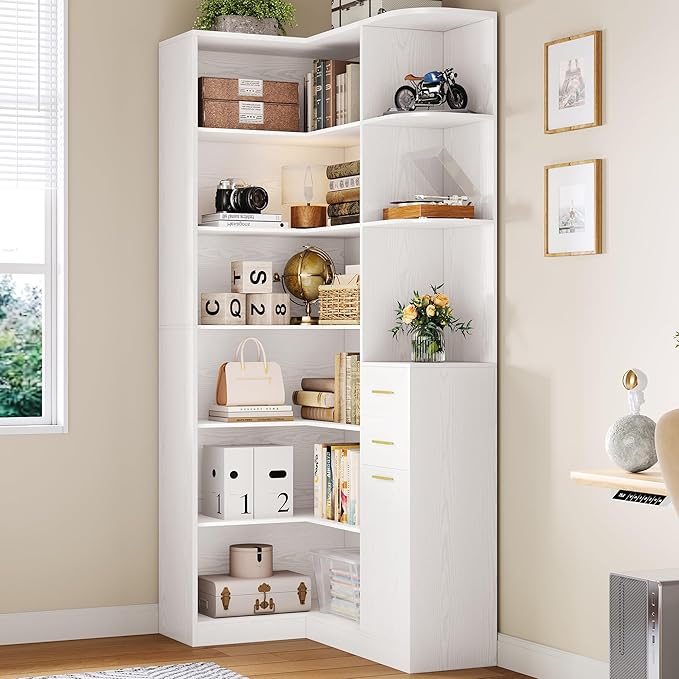 IRONCK Corner Bookshelf, 76" Tall Corner Bookshelves, 6 Tiers L-Shaped Bookcase with 10 Open Shelves and 2 Storage Drawers for Living Room or Home Office