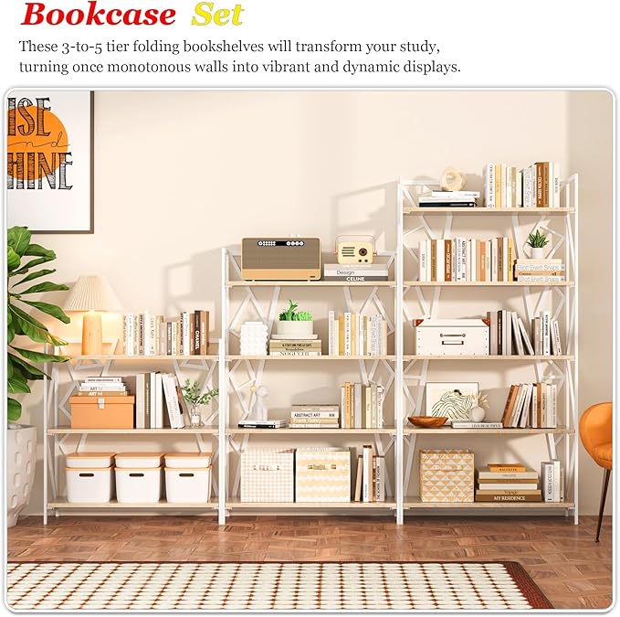 UDD No Assembly Wide Folding Bookshelf, 34" H x 30.9" W, 3 Tier Foldable Book Shelf Industrial Bookcase, Vintage Collapsible Storage Shelves for Home Office Living Room Bedroom, Light Oak White