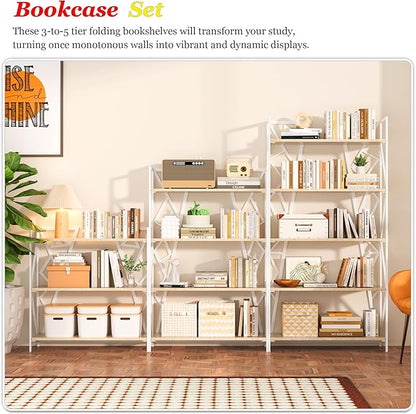 UDD No Assembly Wide Folding Bookshelf, 34" H x 30.9" W, 3 Tier Foldable Book Shelf Industrial Bookcase, Vintage Collapsible Storage Shelves for Home Office Living Room Bedroom, Light Oak White