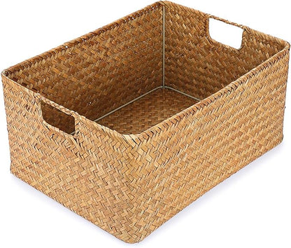 Hipiwe Seagrass Storage Baskets Bin for Shelf,X-Large Handwoven Wicker Baskets Built-in Handles Rectangular Closet Bedroom Organizer Box Multipurpose Pantry Basket,Caramel Color