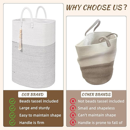 Woven Laundry Basket for Clothes, 50 L Large Rectangle Laundry Hampers with Beads Tassel, Nursery Storage Basket for Toys, Tall Dirty Clothes Hamper for Bedroom Aesthetic, Laundry Room Organization
