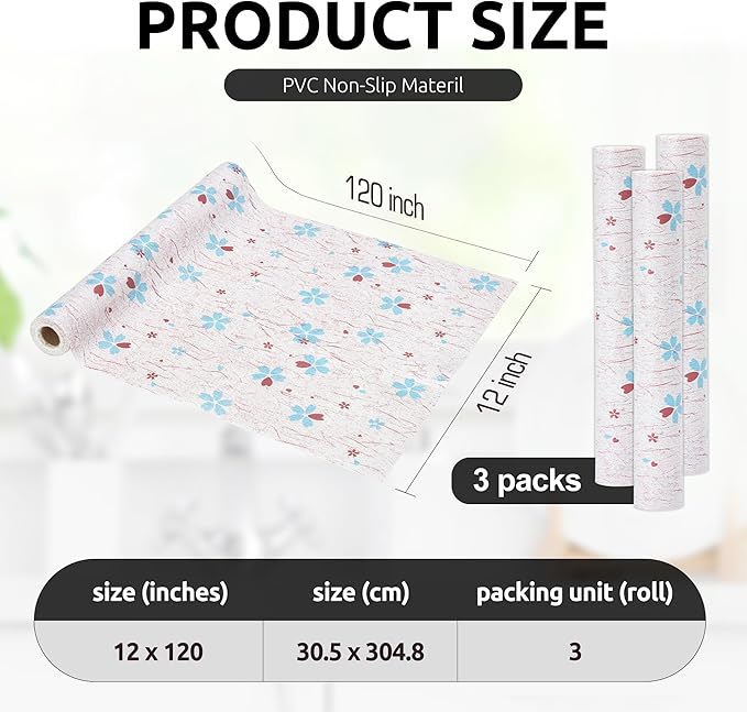 RAY STAR 12X120 Inch Shelf Liner for Kitchen Cabinets, Non-Adhesive Cabinet Liner Washable, PVC Drawer Liner for Dresser Non-Slip Bathroom (Blue-Floral)(3 Roll)