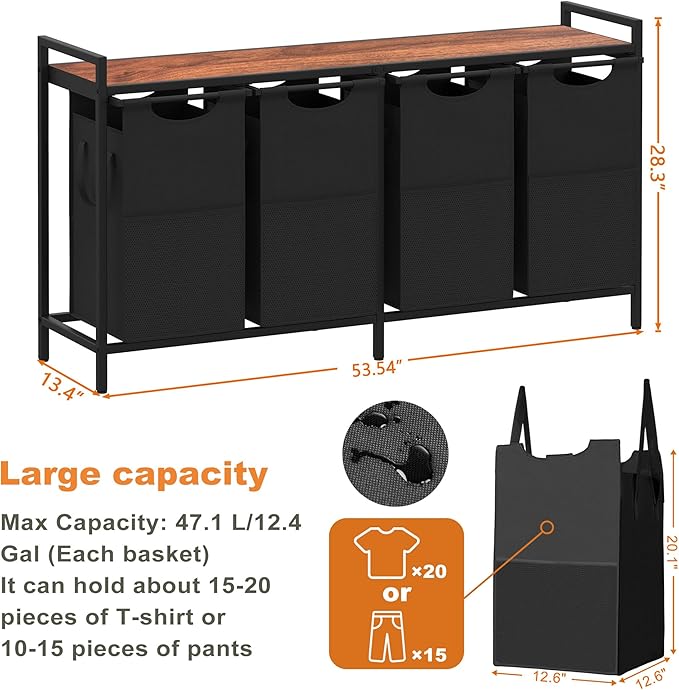 Heybly Laundry Hampers,4 × 15Gal (228 L) Laundry Basket with Large Desktop Sorter for Laundry Room organization, Bathroom and Dorm Laundry Bags on Storage Shelf, Walnut HLH004WB
