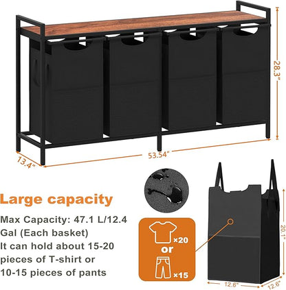 Heybly Laundry Hampers,4 × 15Gal (228 L) Laundry Basket with Large Desktop Sorter for Laundry Room organization, Bathroom and Dorm Laundry Bags on Storage Shelf, Walnut HLH004WB