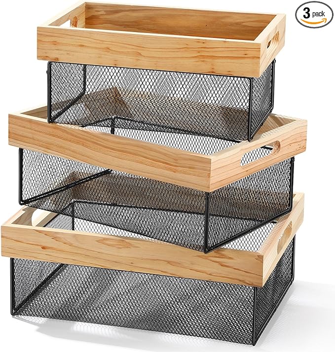 Honeydak 3 Pcs Metal Wire Baskets Stackable Wooden Countertop Baskets for Kitchen Large Wooden Storage Organizer for Pantry Farmhouse Decor Mesh Storage Organizer Bins for Laundry Room Bathroom Closet