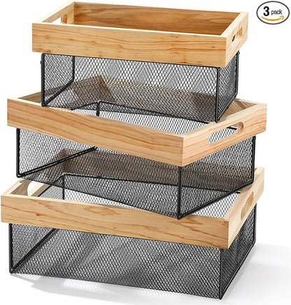Honeydak 3 Pcs Metal Wire Baskets Stackable Wooden Countertop Baskets for Kitchen Large Wooden Storage Organizer for Pantry Farmhouse Decor Mesh Storage Organizer Bins for Laundry Room Bathroom Closet