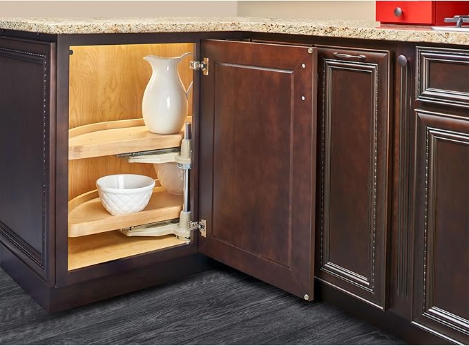 Rev-A-Shelf 35" Dual Shelf Half Moon Lazy Susan Organizer for Blind Corner Kitchen Cabinets, Pull Out Turntable Storage Trays, Wood, 4WLS882-35-570