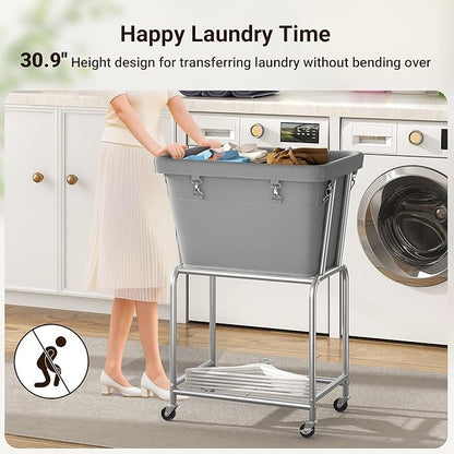 ELYKEN Laundry Cart with Wheels, Rolling Laundry Hamper with Removable Bag and Shelf, Metal Frame Laundry Basket with 4 Casters and 2 Brakes, Ideal for Bedroom, Bathroom, Laundry Room, Gray