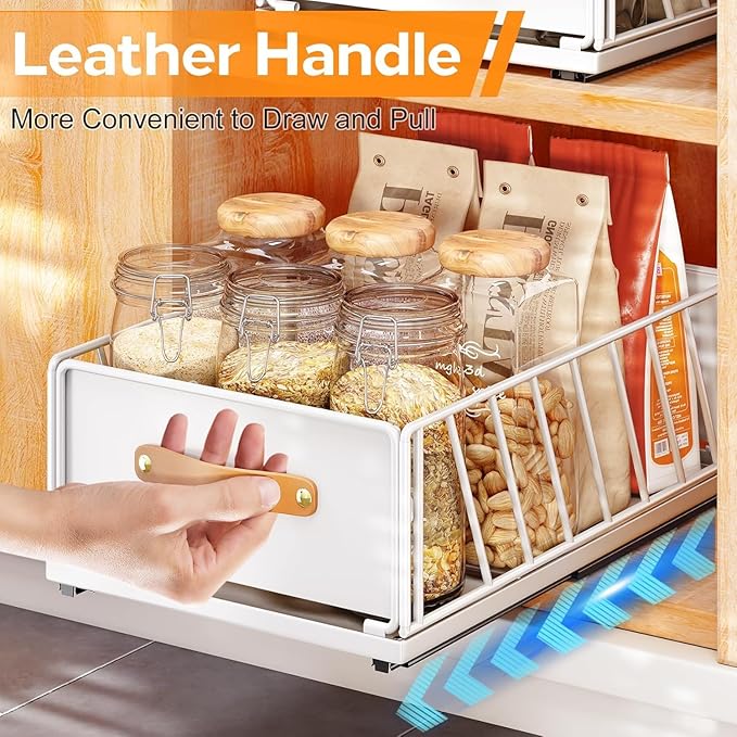 Pull out Cabinet Organizer Fixed with Adhesive Nano Film,Heavy Duty Slide out Pantry Shelves Drawer Storage,Sliding Mesh Basket with Handle for Kitchen, Bathroom,Home, 11.8W"X 15.7D"X6.2"H(2PCS)