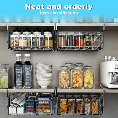 Hanging Under Shelf Storage Basket, 1 Pack Foldable Under Cabinet Metal Desk Storage Wire Rack Organizer for Kitchen Pantry Bookshelf Office Home, Easy to Install Slide-in Under Shelves ﻿ ﻿ (1, Black)