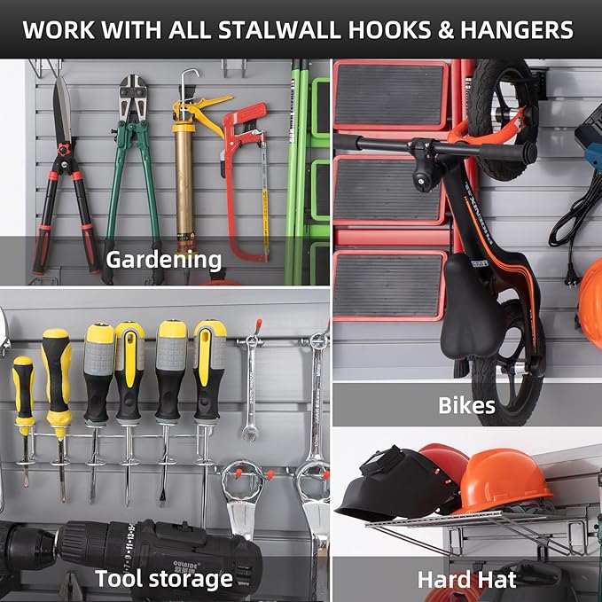 Slat Wall Paneling with 28 Garage Hooks Heavy Duty PVC Wall Panel Grey Slatwall Panel with Locking Slatwall Hook Slatwall with Bike Hooks Power Tool Organizer
